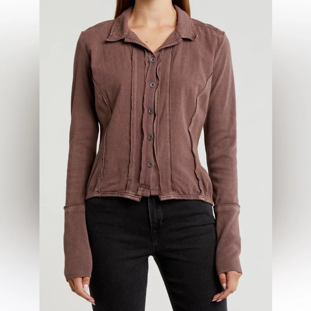 Free People NWT Tiny Button-Up Long Sleeve Collared Ribbed Cotton Top medium - Picture 1 of 16